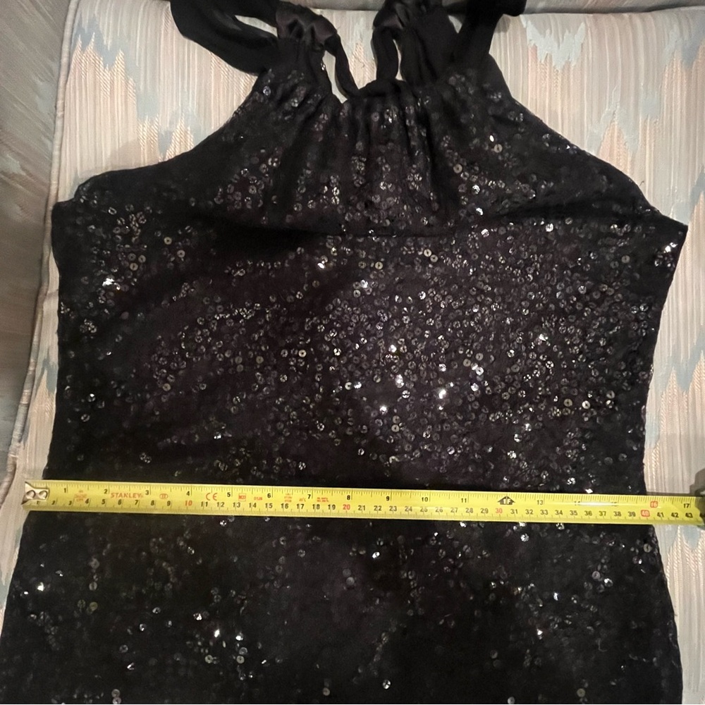 Tahari Dressy Black Sequin Halter top,sheer chiffon mesh straps keyhole tie back - Picture 11 of 11
